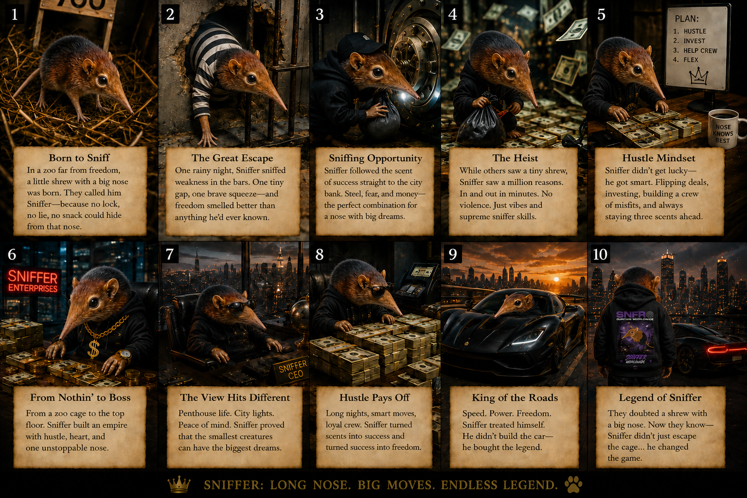 Ten illustrated chapters of Sniffer's story from zoo to legend