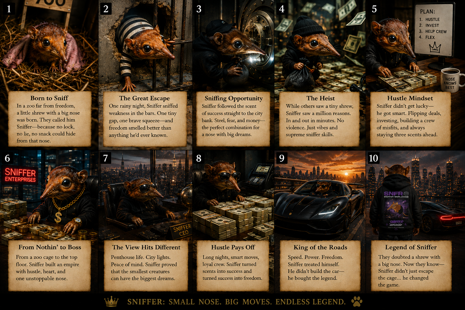 Ten illustrated chapters of Sniffer's story from zoo to legend
